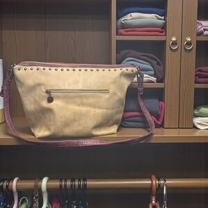 Sydney Love Vegan Leather Studded Large Adj Shoulder Purse Bag Tote Tan/Purple